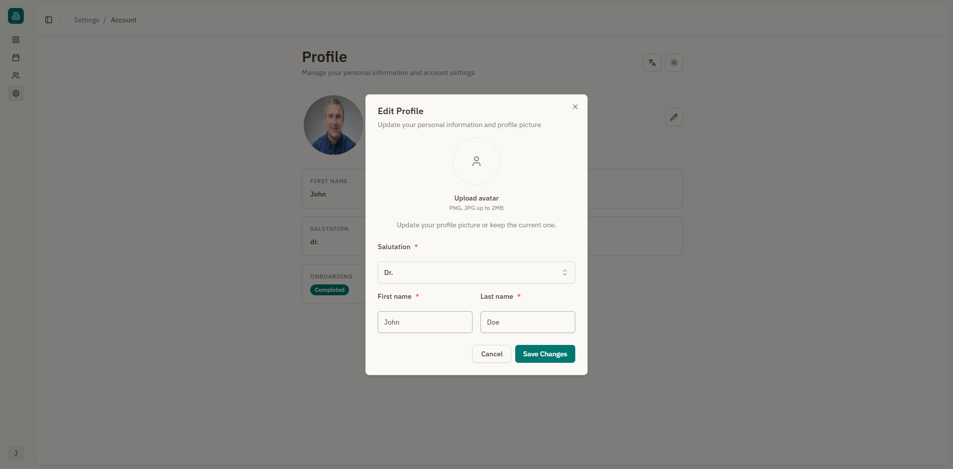 Screenshot: Edit profile modal in account settings