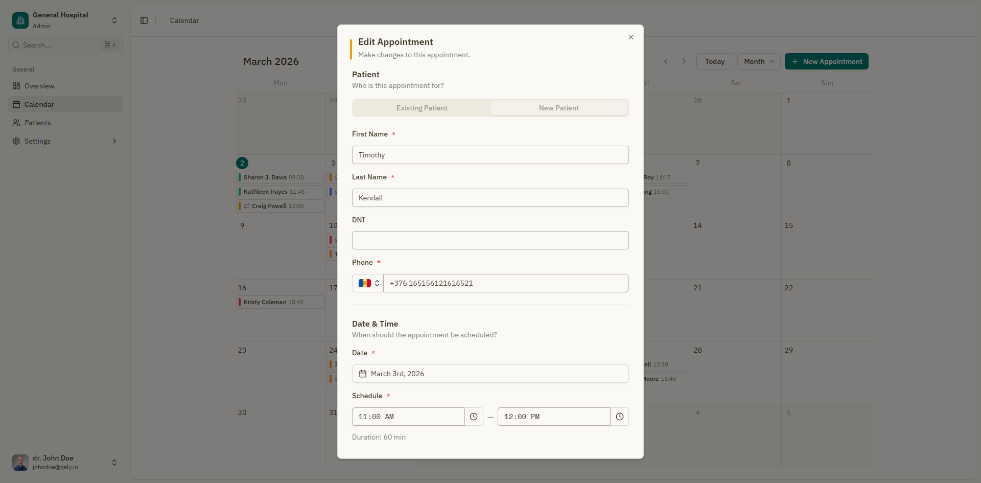 Edit appointment form with pre-filled data