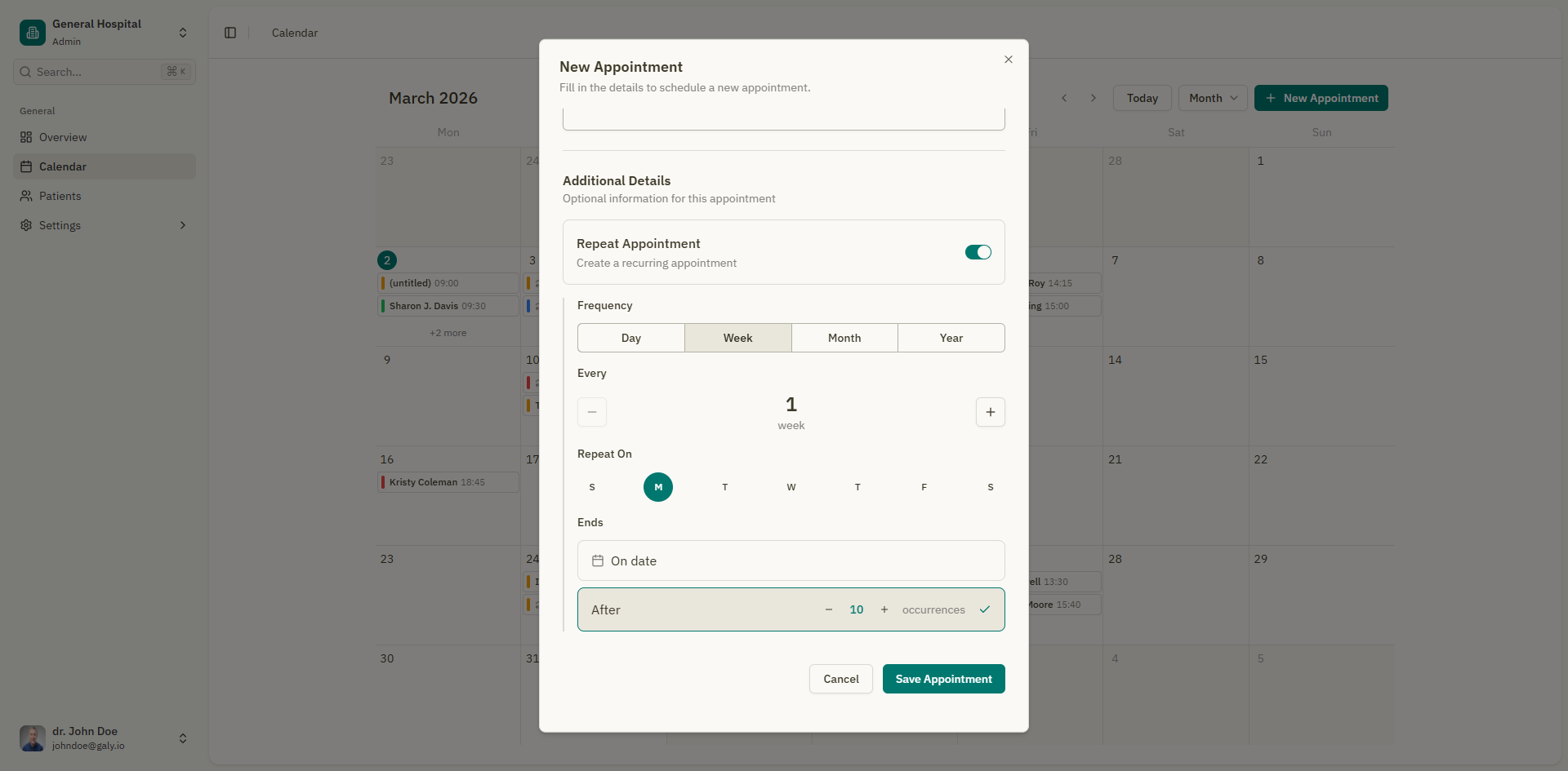 Recurring appointment settings panel