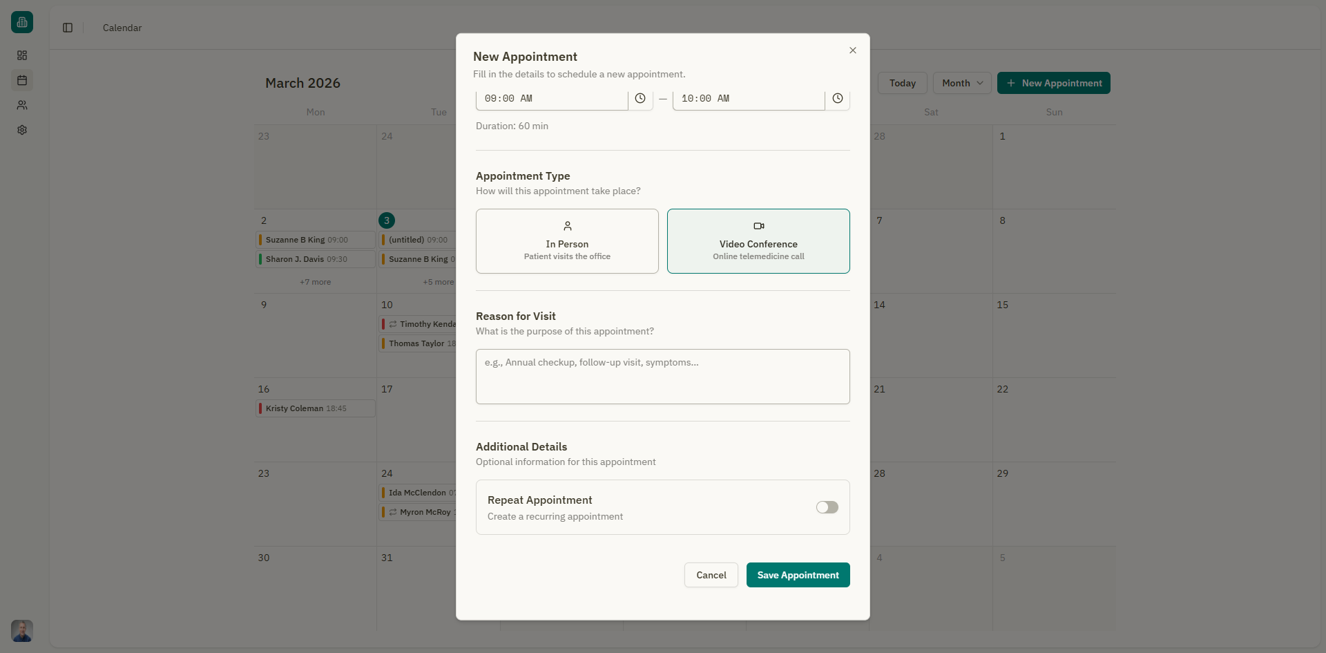 Screenshot: Appointment type selection — In Person vs Video Conference