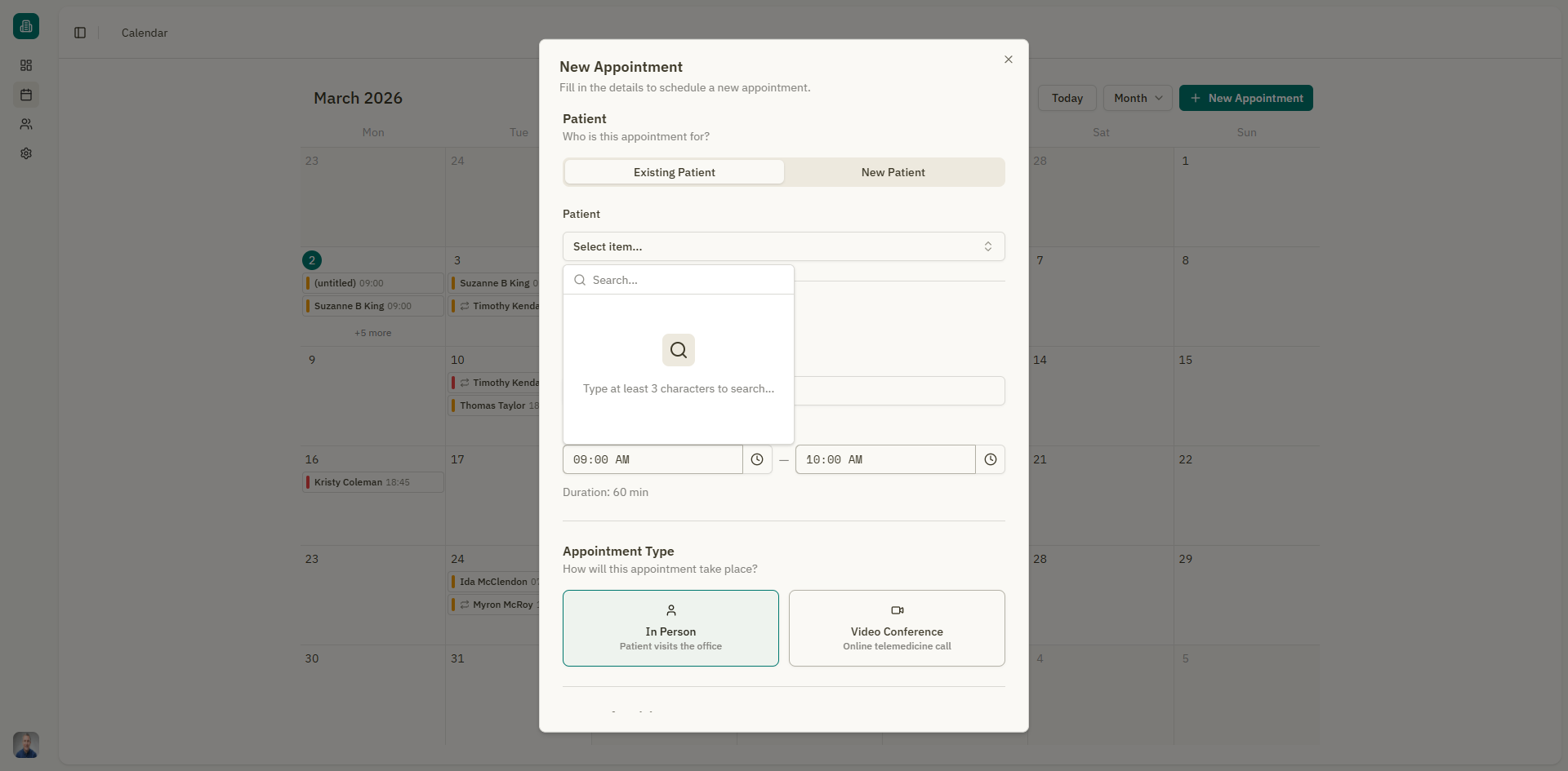 Patient selection — existing patient search and new patient form
