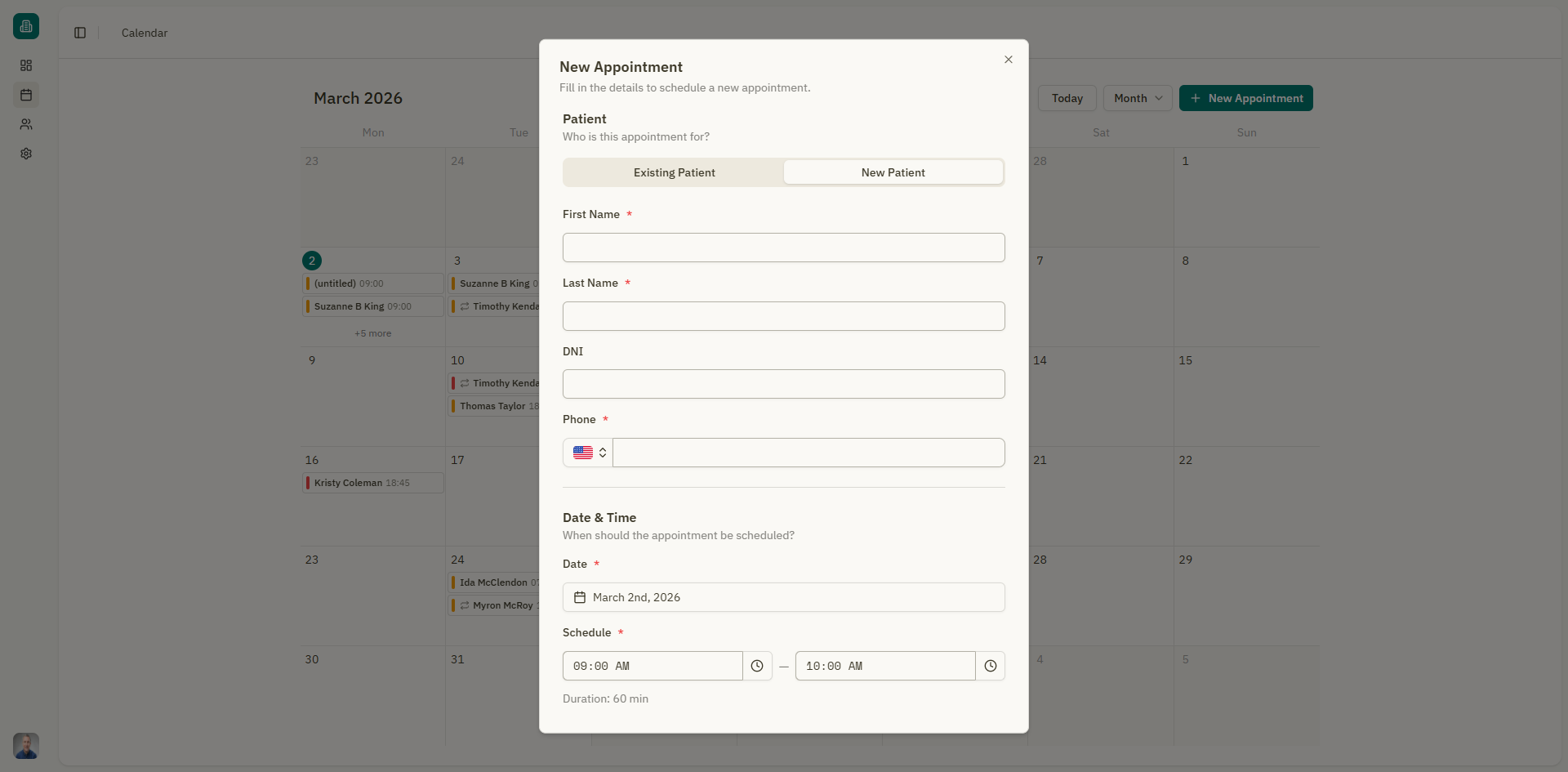 Patient selection — existing patient search and new patient form