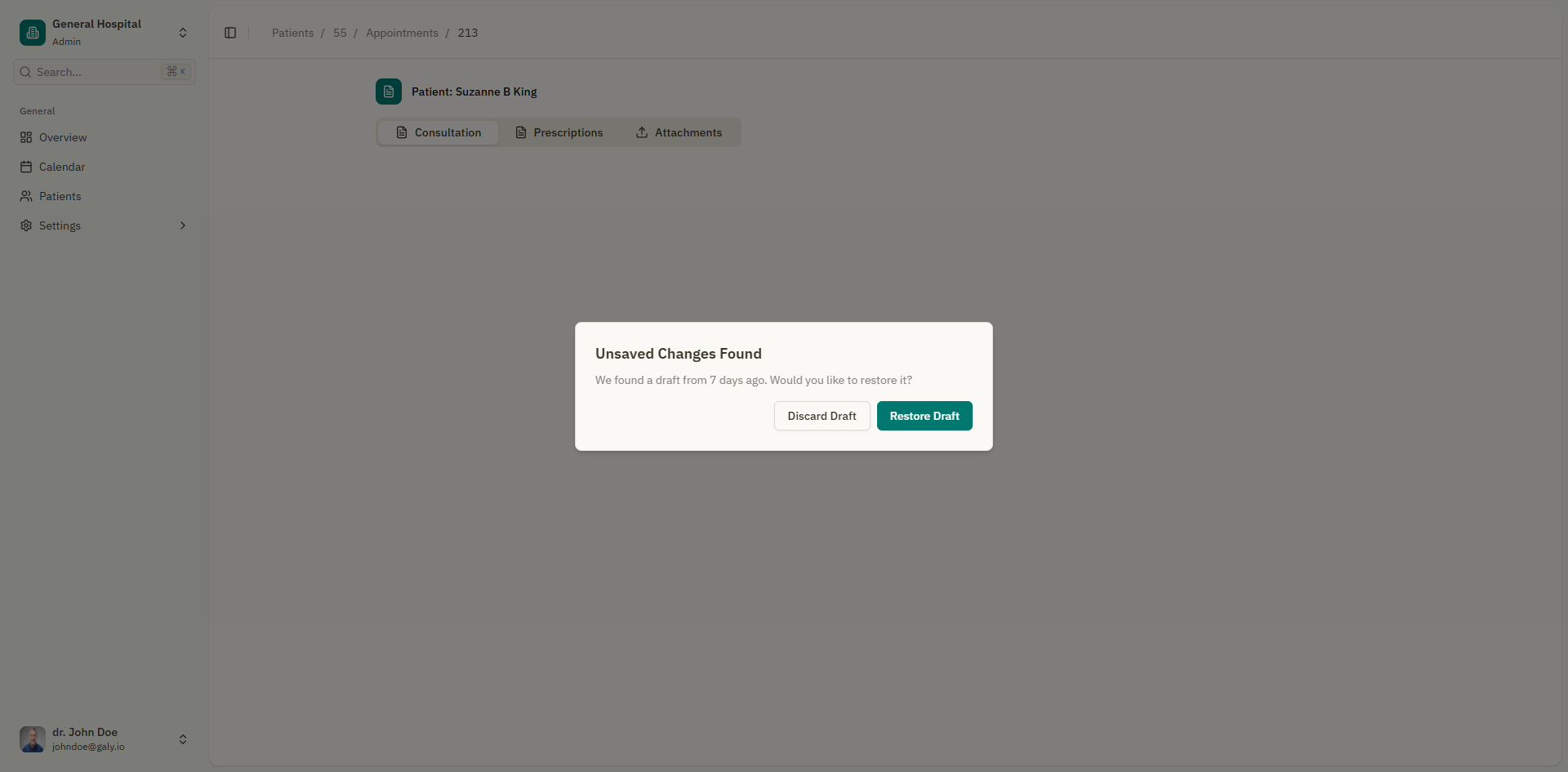 Draft recovery dialog