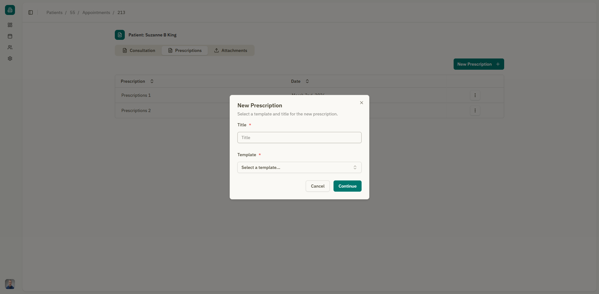 Screenshot: New prescription dialog with template selection and title