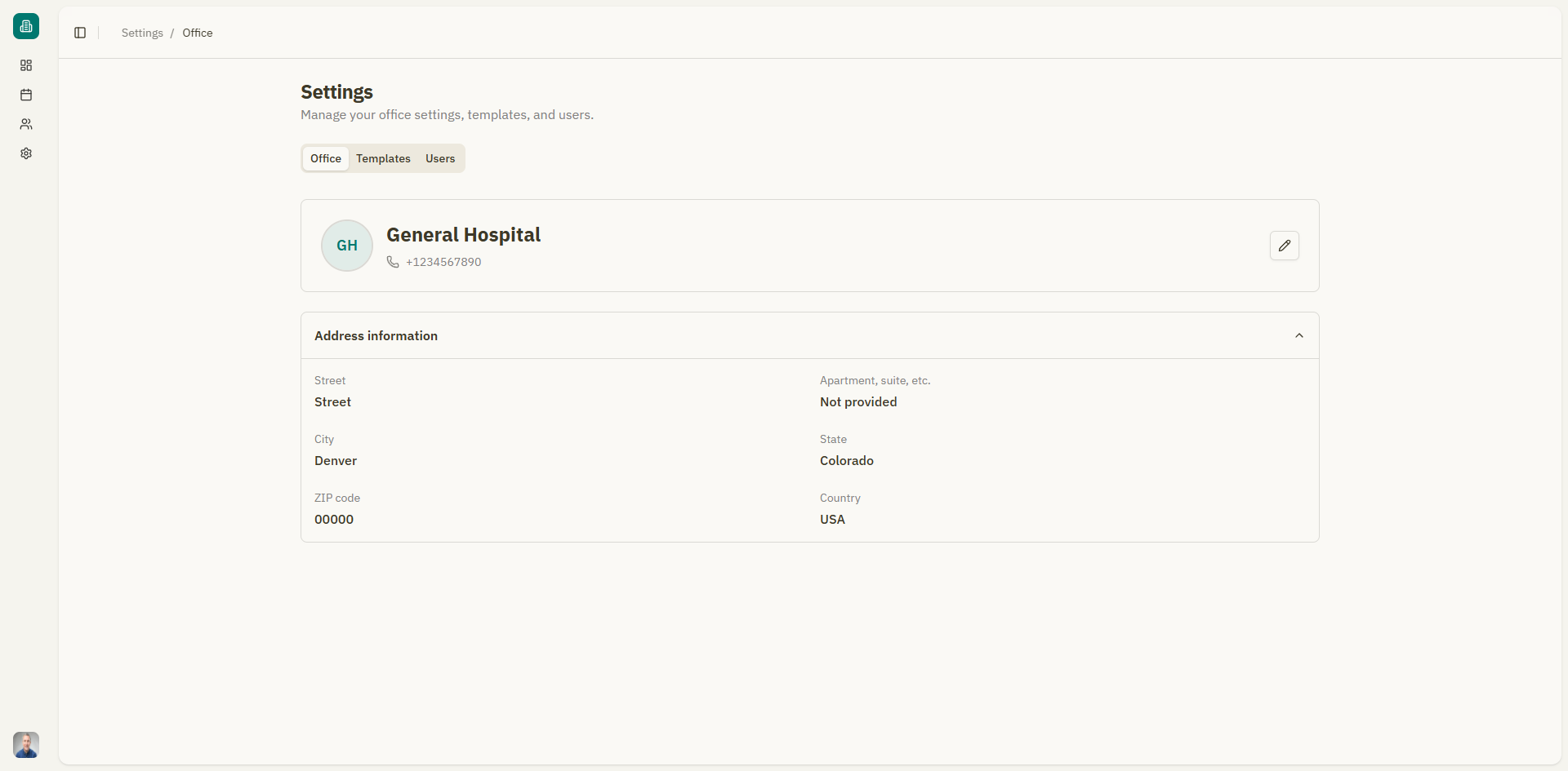 Captura: Formulario de configuracion del consultorio con informacion general y direccion