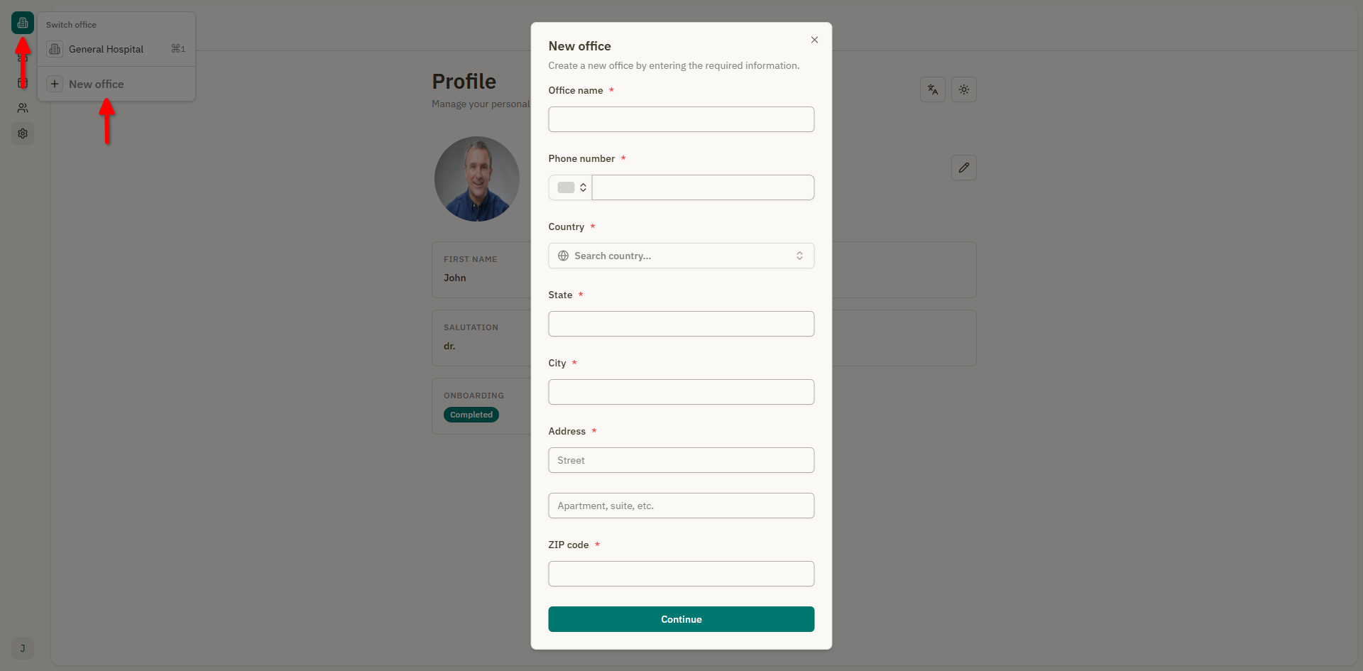 Screenshot: Office switcher dropdown with multiple offices