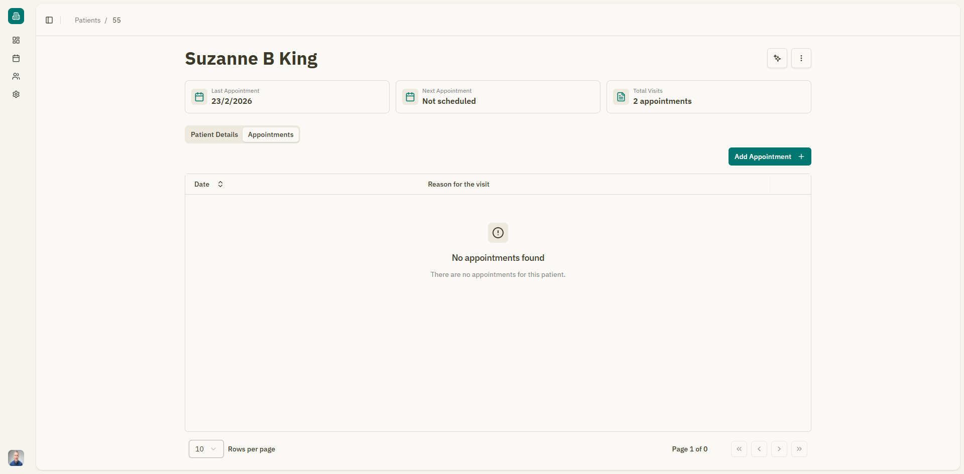 Empty patient appointments tab
