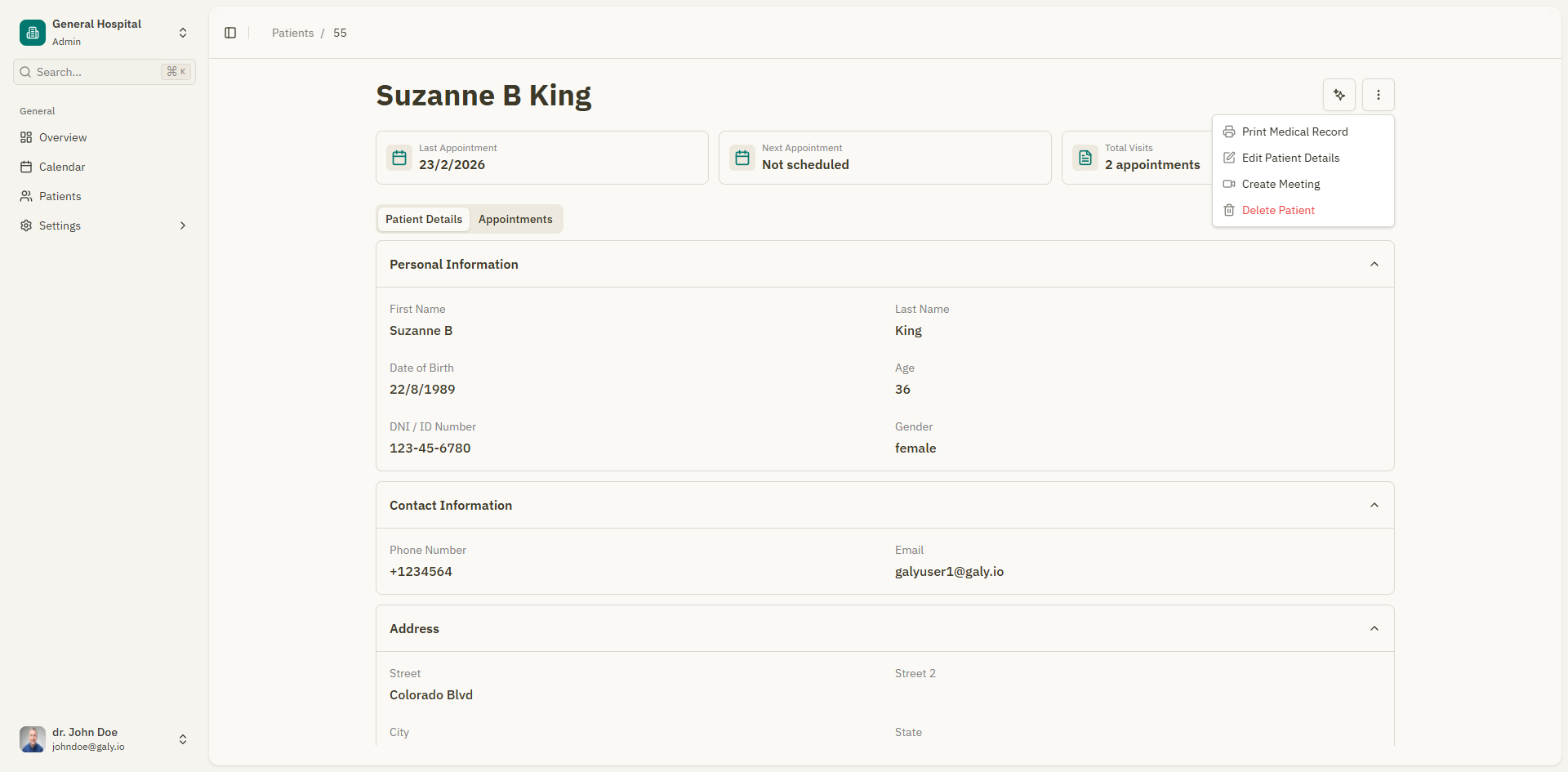Encabezado del paciente con botones de accion