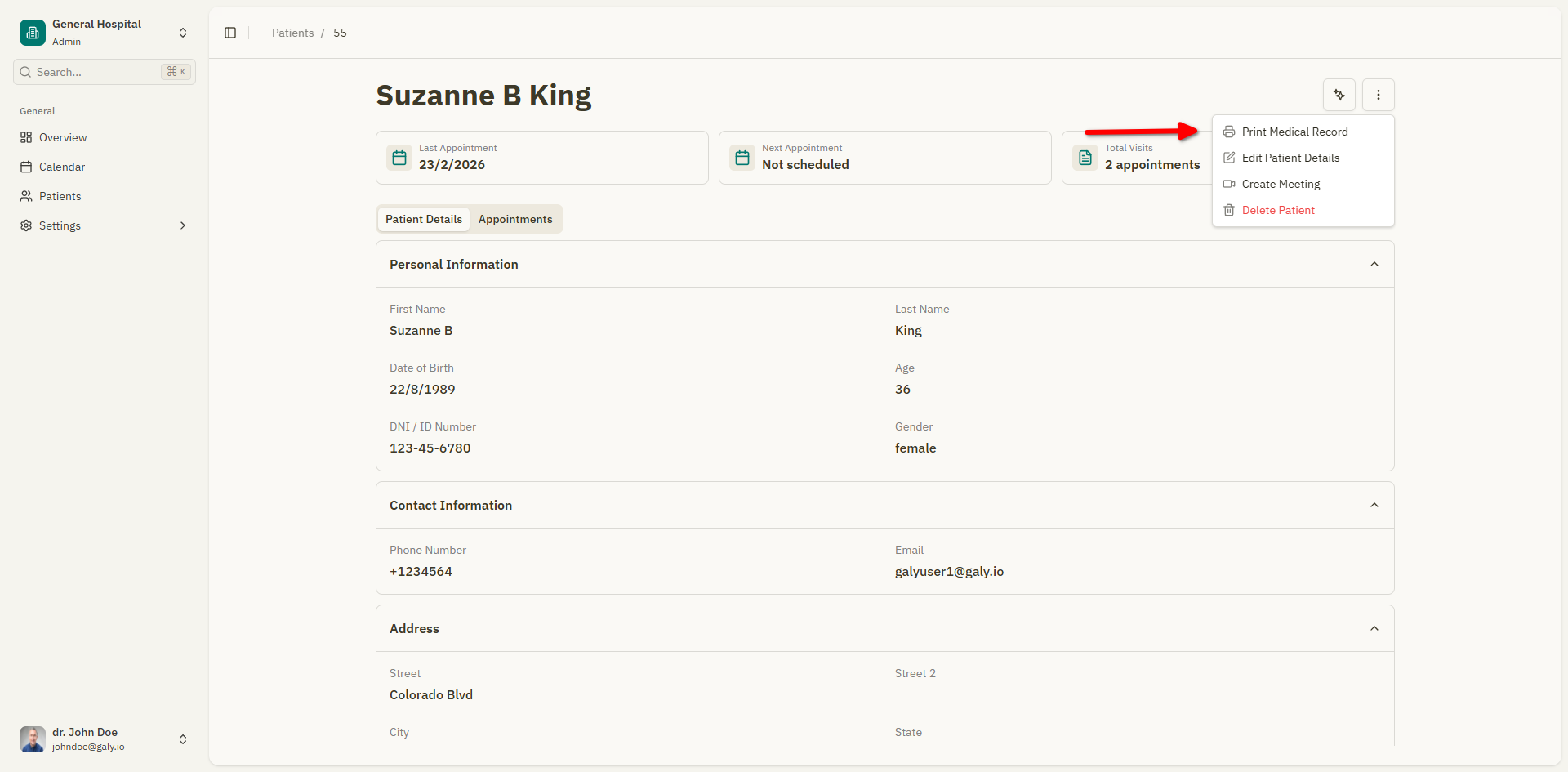 Patient header with "Print Medical Record" button highlighted