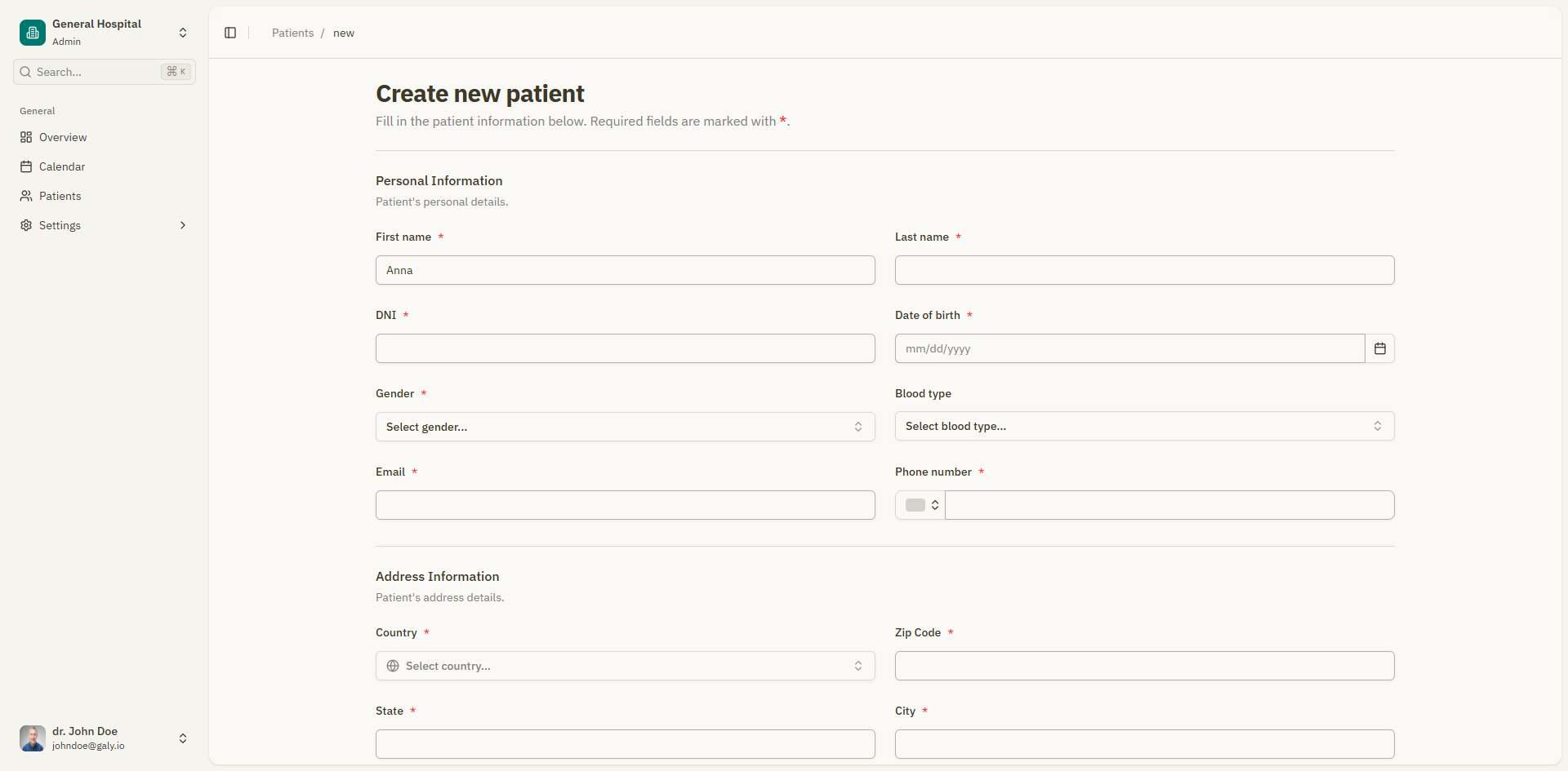 Patient creation form