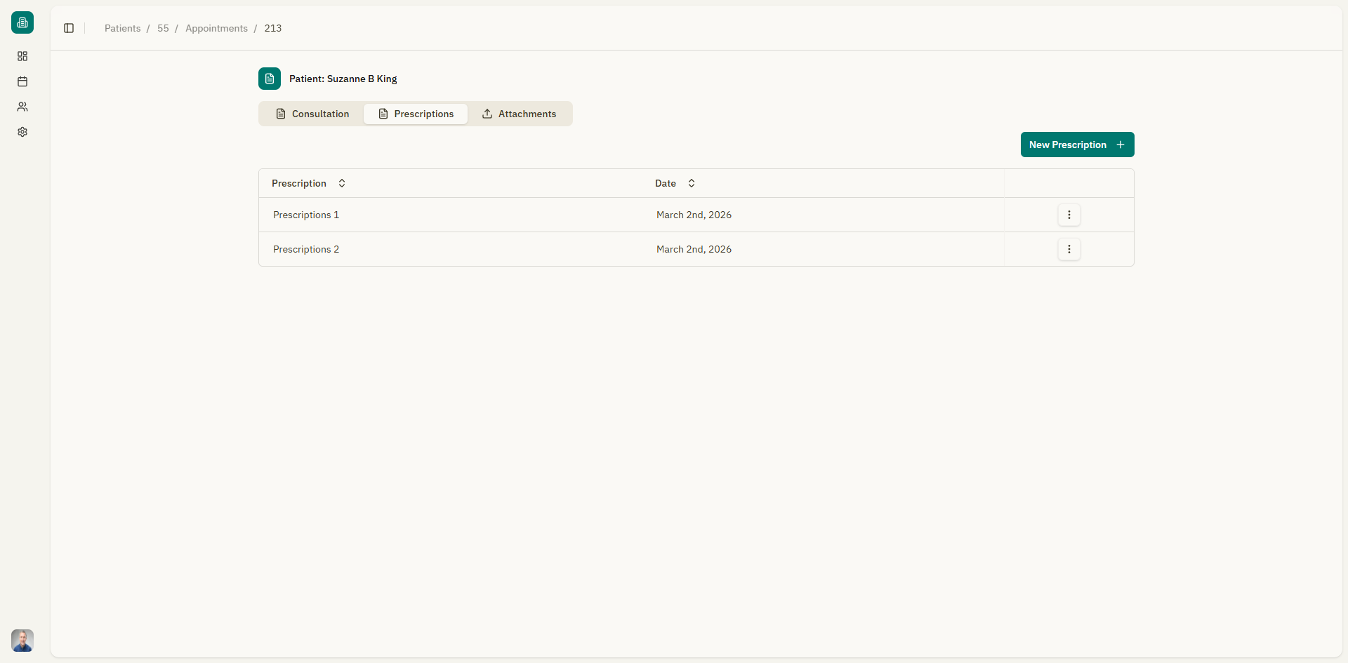 Screenshot: Prescriptions tab showing a list of prescriptions