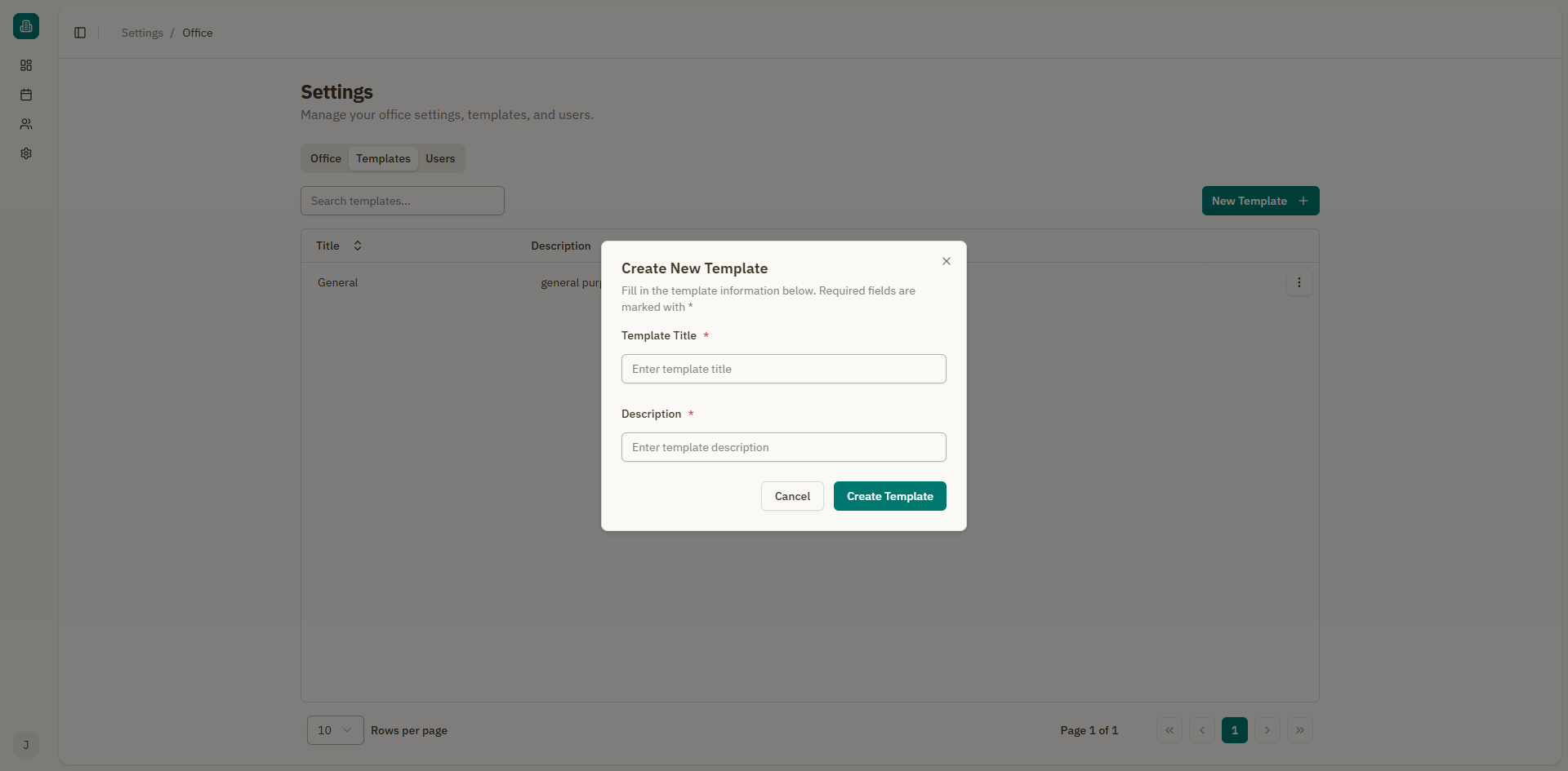Screen: Create template dialog and editor