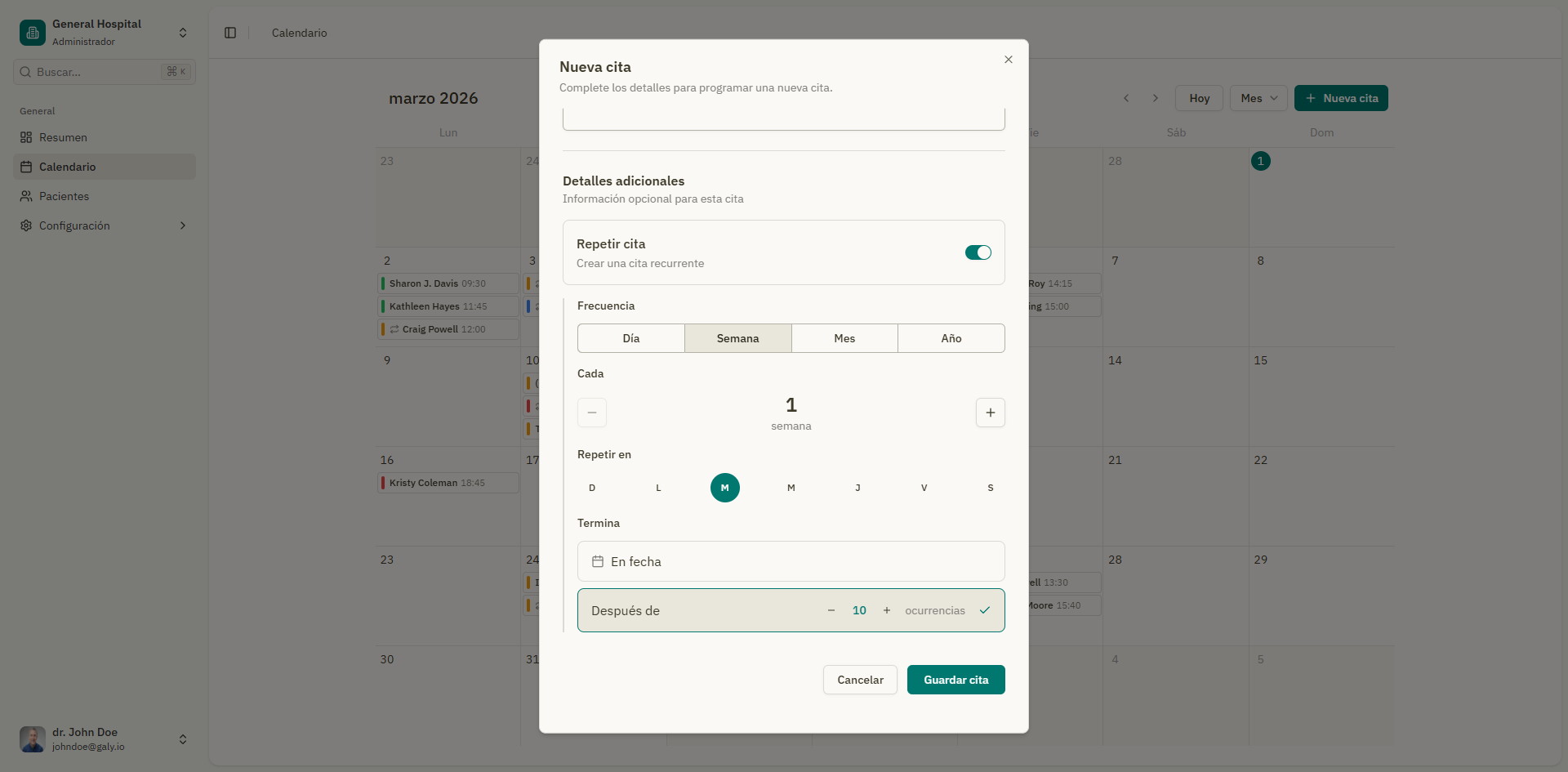 Panel de configuración de citas recurrentes