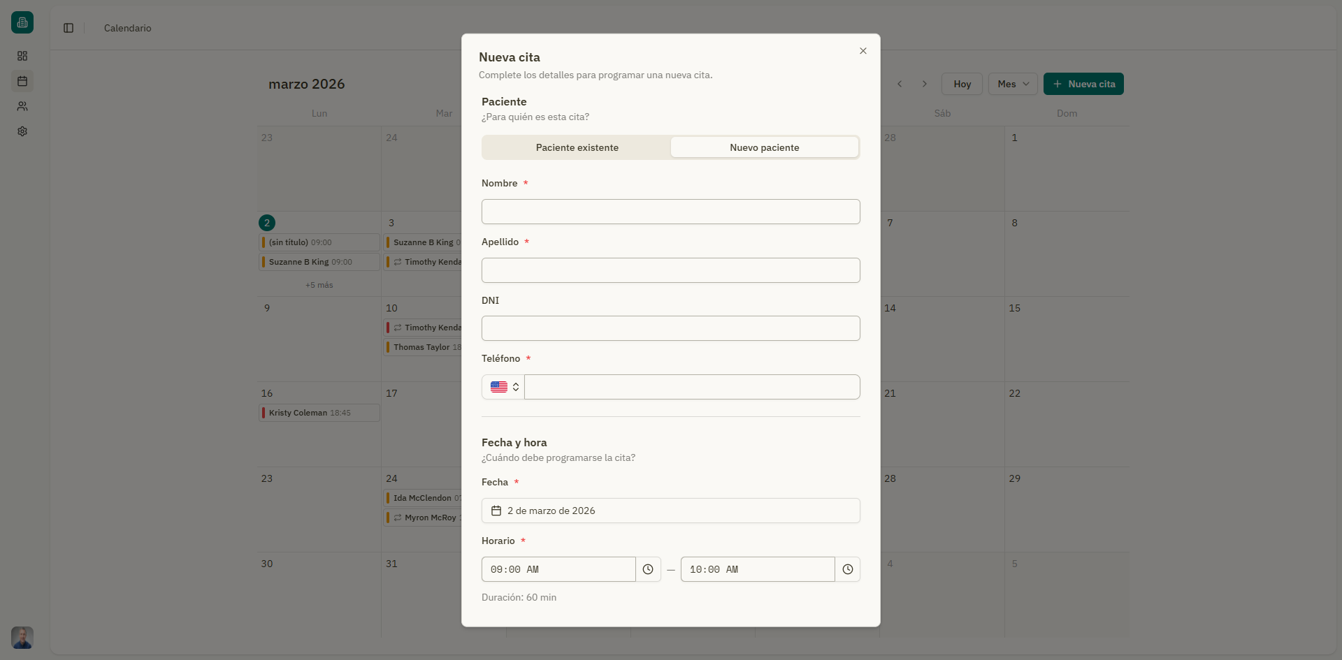 Patient selection — existing patient search and new patient form