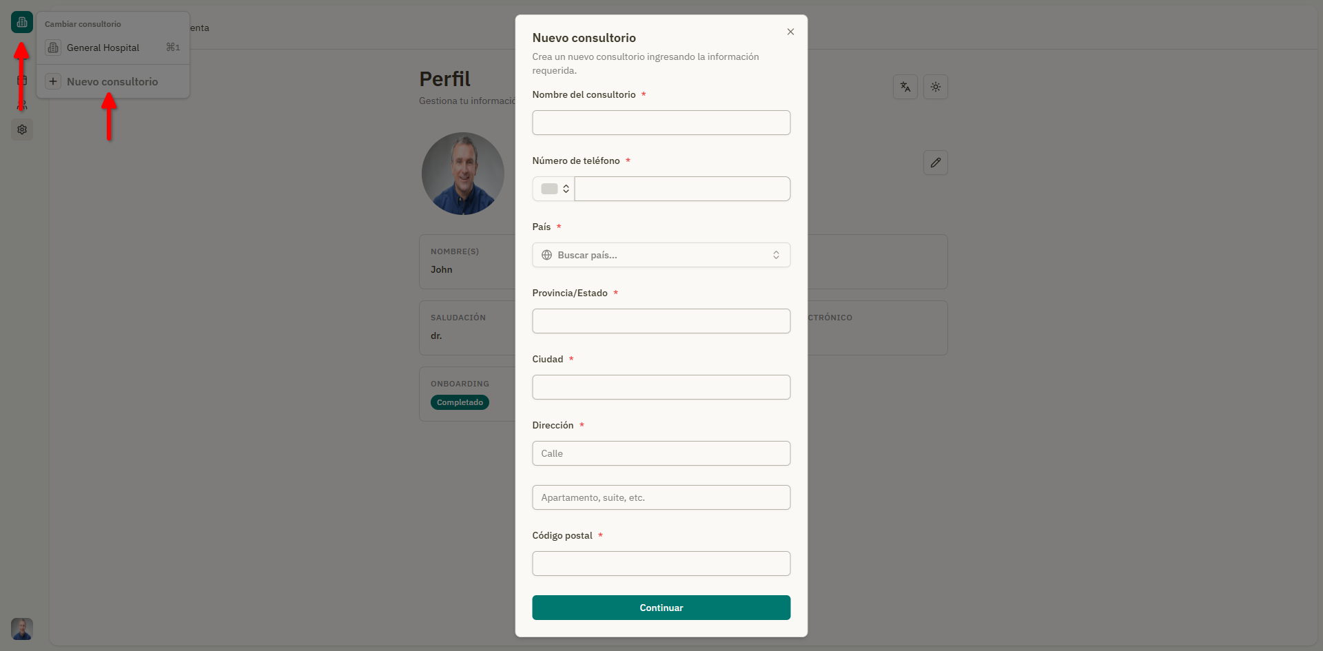 Captura: Menu desplegable del selector de consultorio con multiples consultorios
