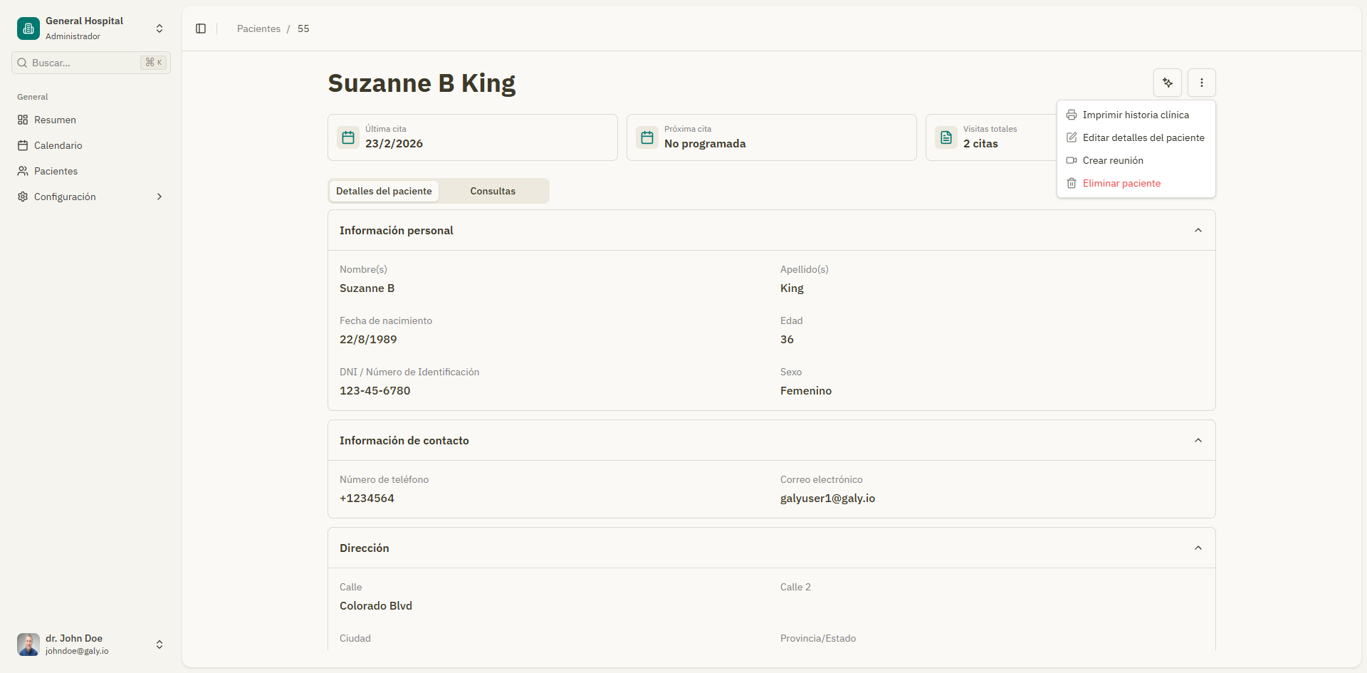 Encabezado del paciente con botones de accion