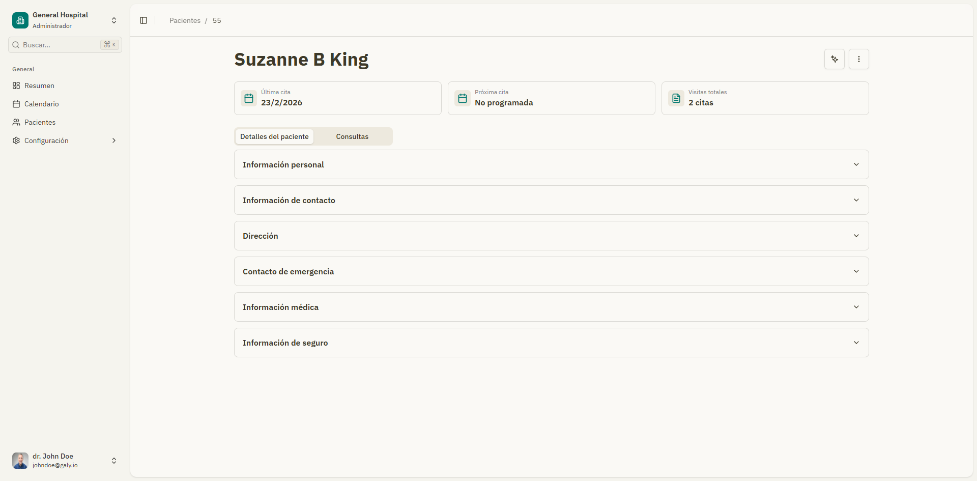 Pantalla de detalles del paciente mostrando todas las secciones