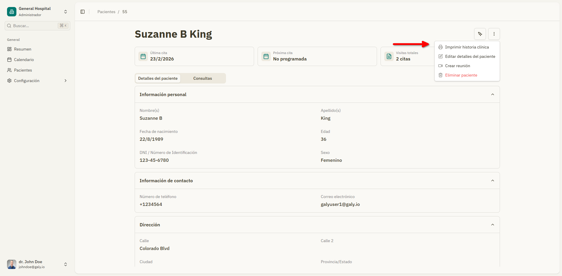 Boton "Print Medical Record" resaltado en el encabezado del paciente
