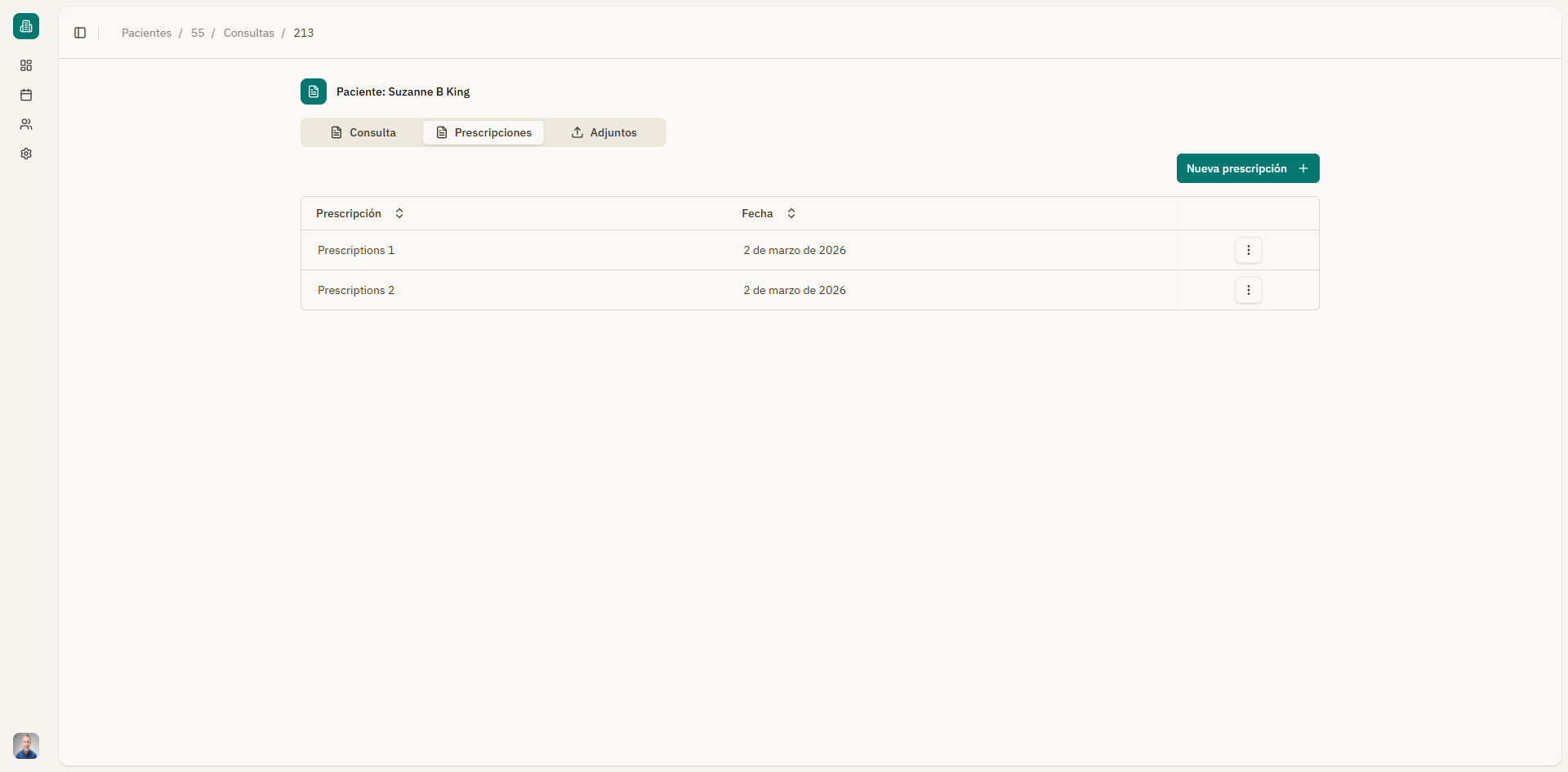Captura: Pestaña de prescripciones mostrando una lista de prescripciones