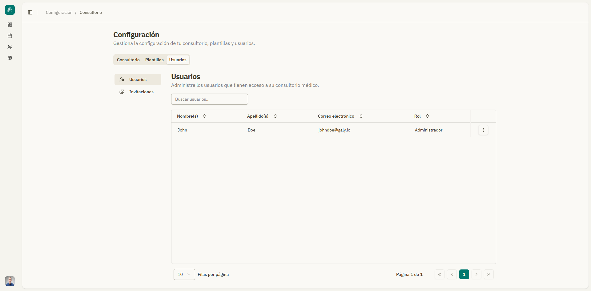 Captura: Tabla de usuarios con listado de miembros del consultorio